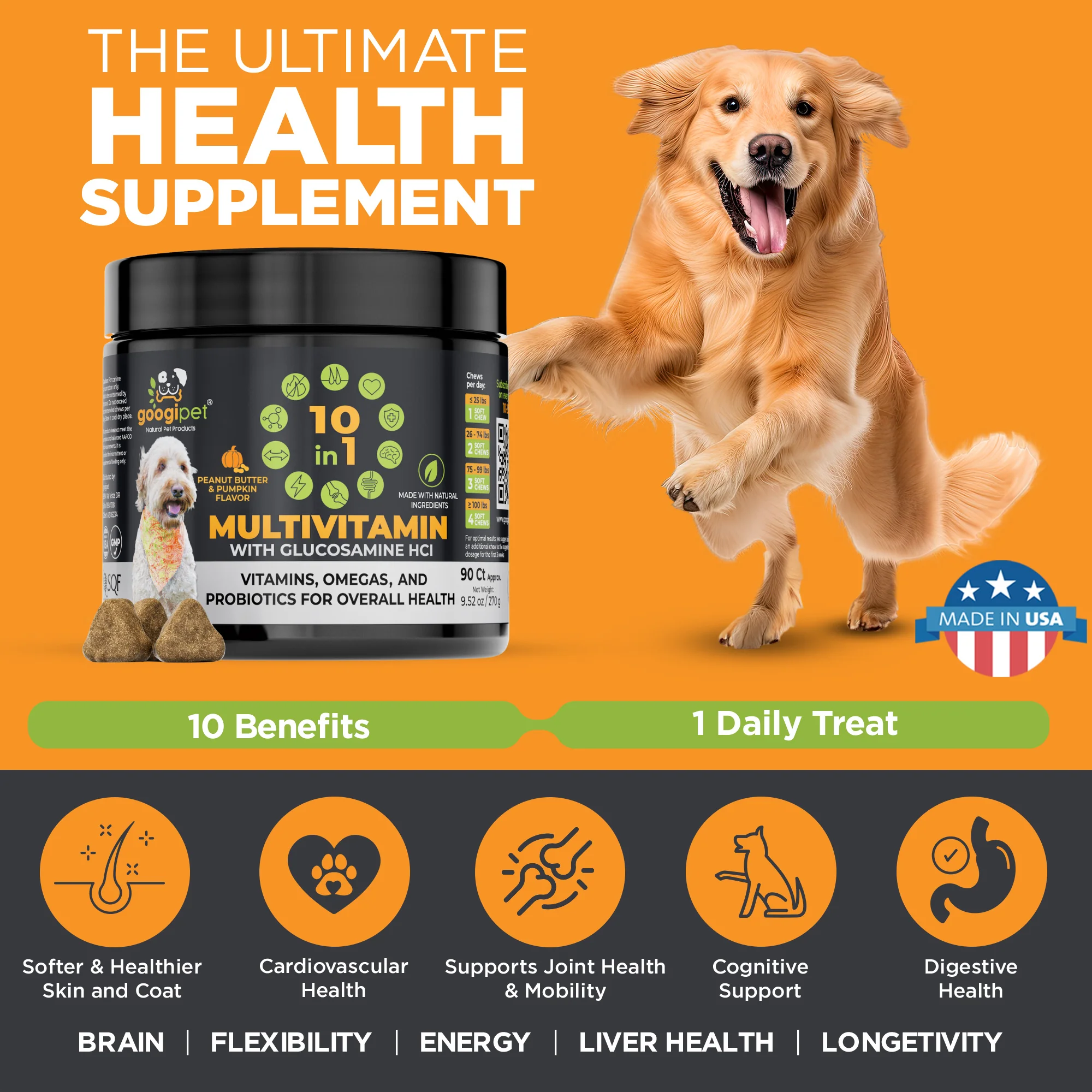 Googipet 10 in 1 Multivitamin Chews for Dogs (Peanut Butter & Pumpkin Flavor) - Image 3