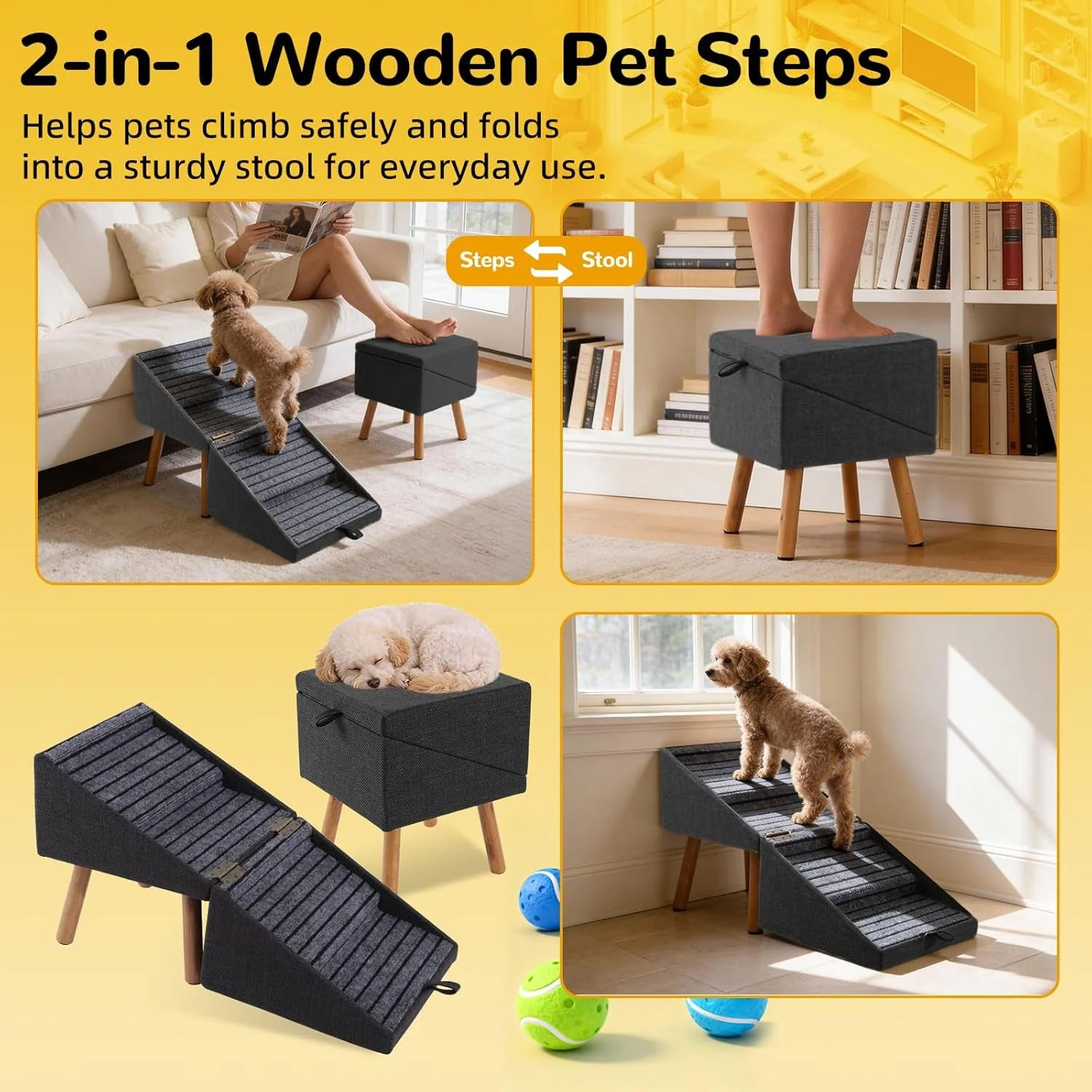 Dog Stairs for Couch 2 in 1 Foldable Pet Steps Ottoman Non Slip - Image 6
