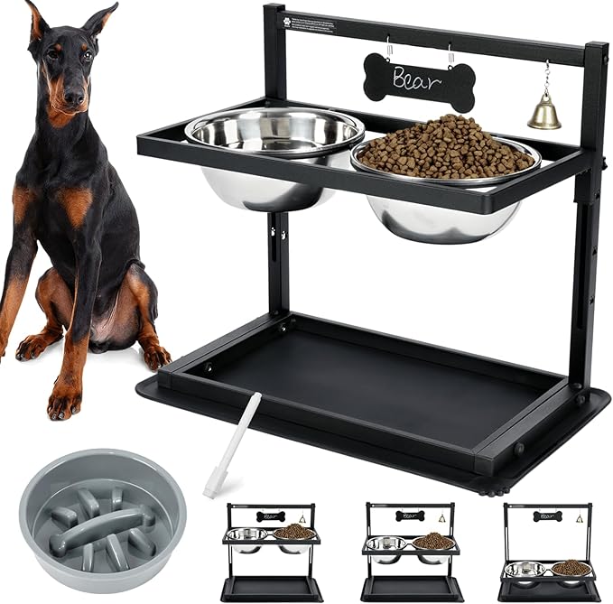 Shainfun Elevated Slow Feeder Large Dog Bowls - Adjustable Height, 2 Stainless Steel Bowls, Spill Proof Mat, Grey