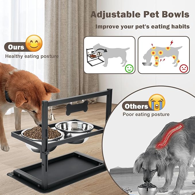 Shainfun Elevated Slow Feeder Large Dog Bowls - Adjustable Height, 2 Stainless Steel Bowls, Spill Proof Mat, Grey - Image 2