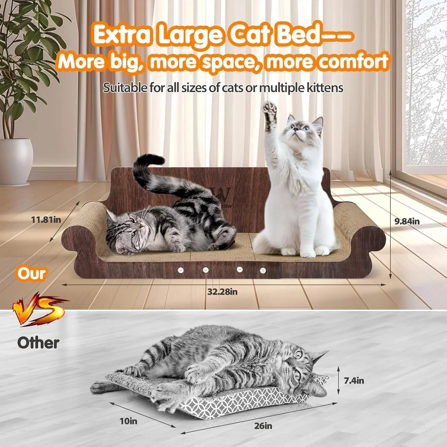 Extra Large Cat Scratcher Bed, 32” Cardboard Cat Couch & Lounger - Image 3