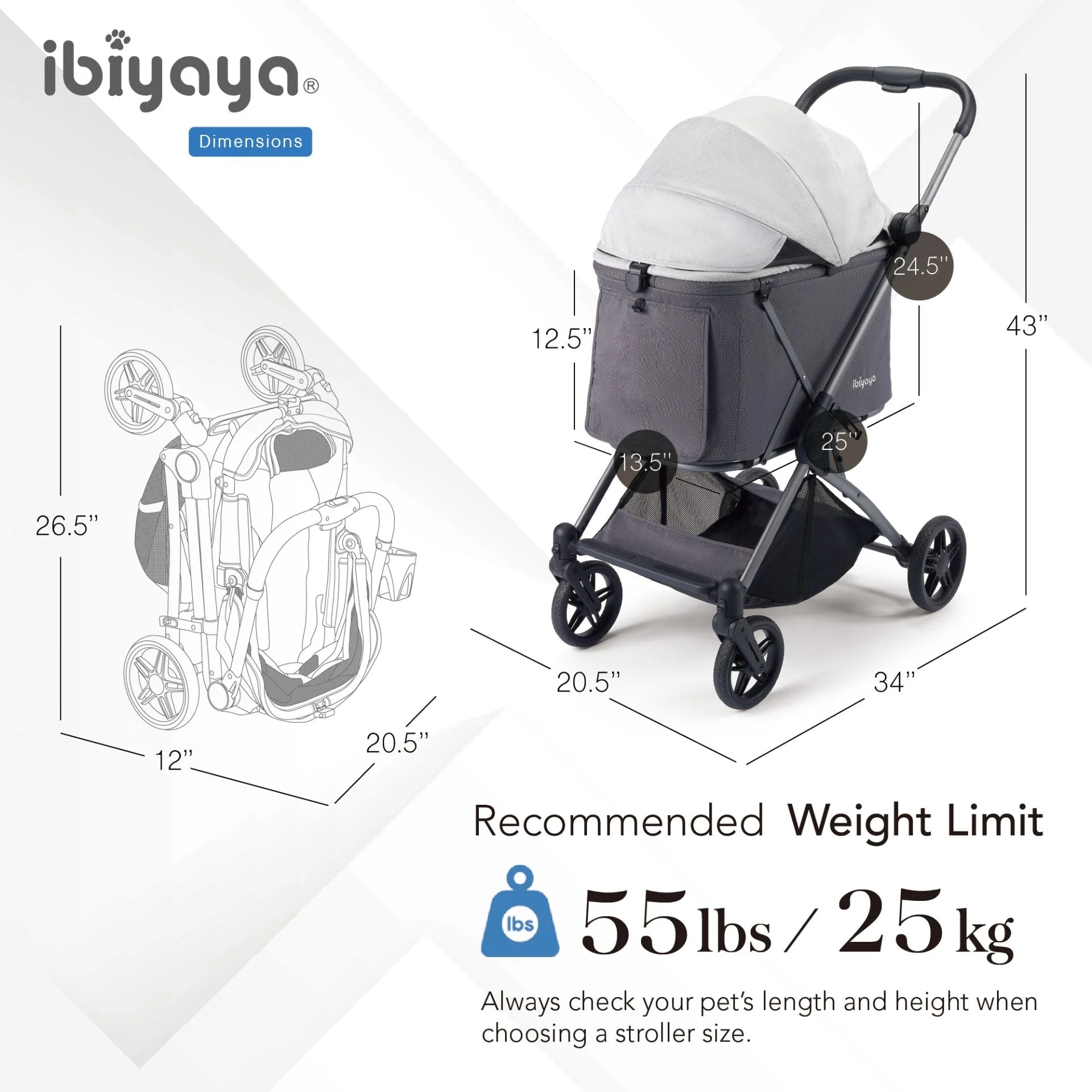 Ibiyaya Maxi Deep Carriage Pet Stroller with Puncture-Free Rubber Wheels, Lightweight and Collapsible - Image 11