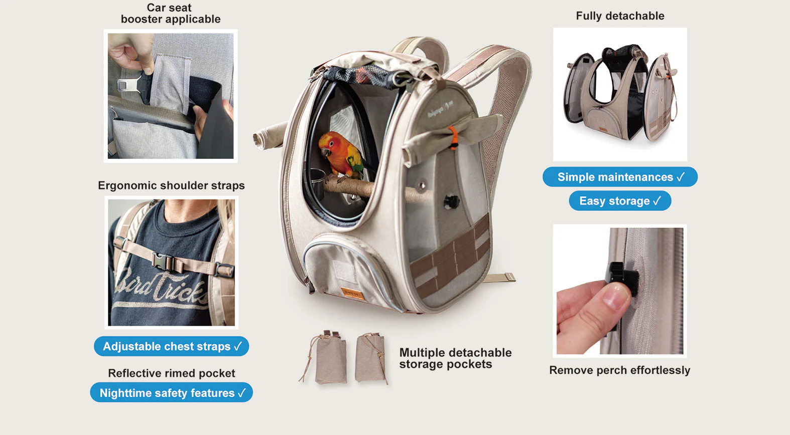 Ibiyaya BirdTricks TrackPack for Birds, Patented Bird Carrier Backpack with Perch, Airline Approved - Image 8
