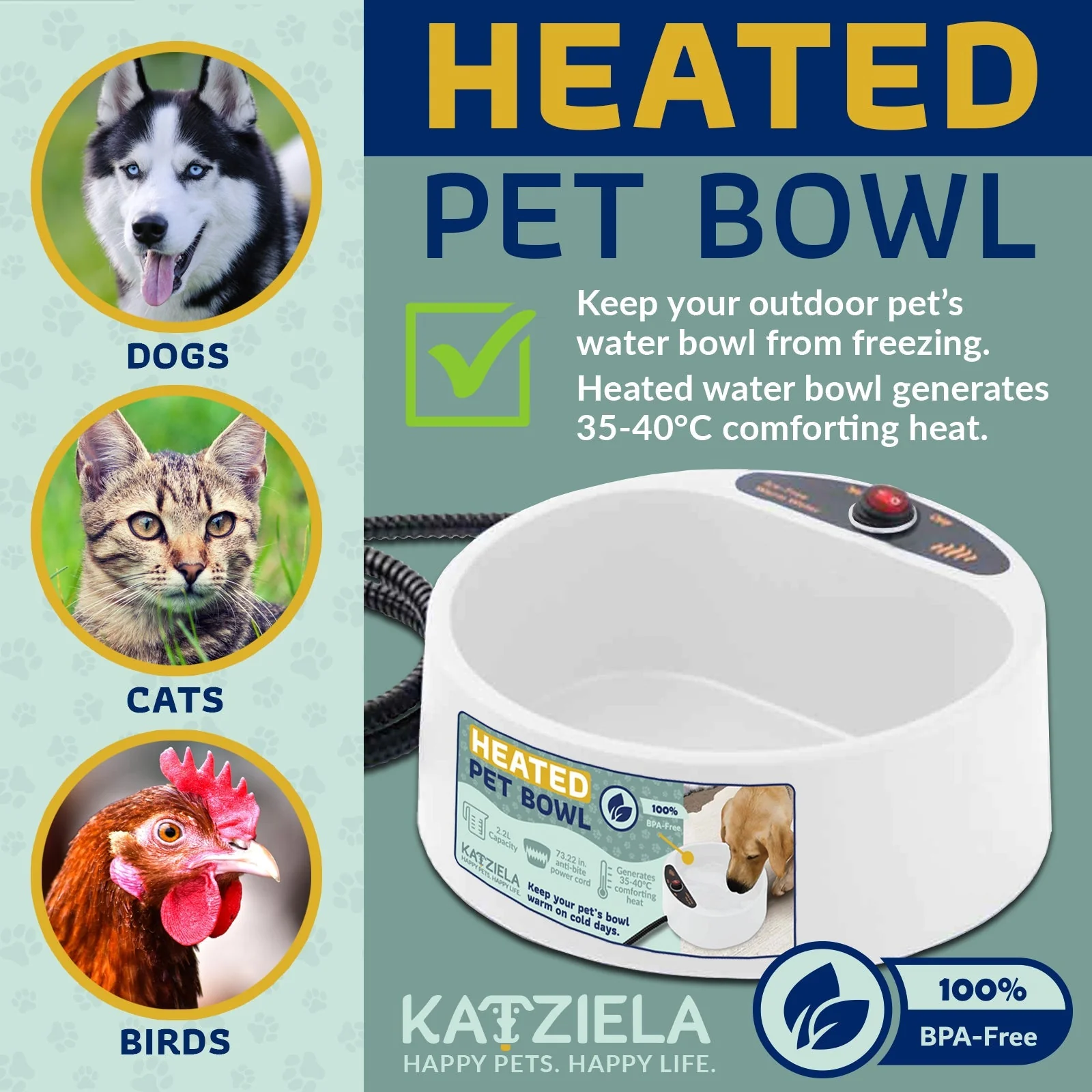 Katziela 2 Liter Heated Pet Water Bowl With Anti-Bite Cord To Keep Your Pet's Bowl Warm On Cool Day's - Image 3