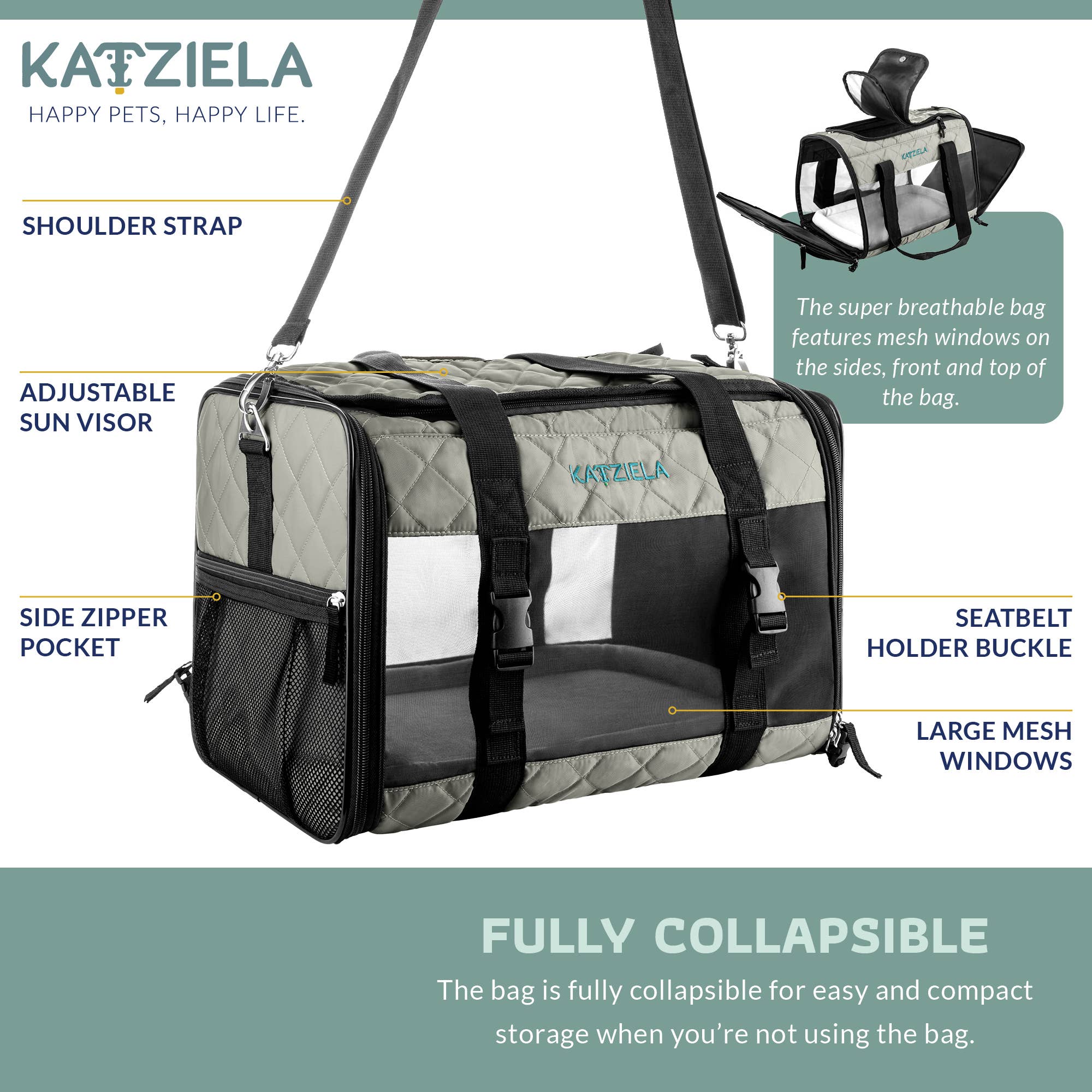 Katziela Airline Compliant Quilted Companion Cat & Dog Carrier - Gray - Image 3