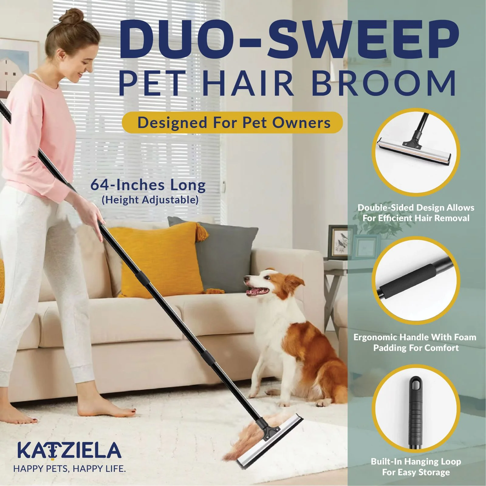 Katziela DuoSweep Broom – Dual-Sided Pet Hair Remover with Metal & Rubber Blade - Image 4