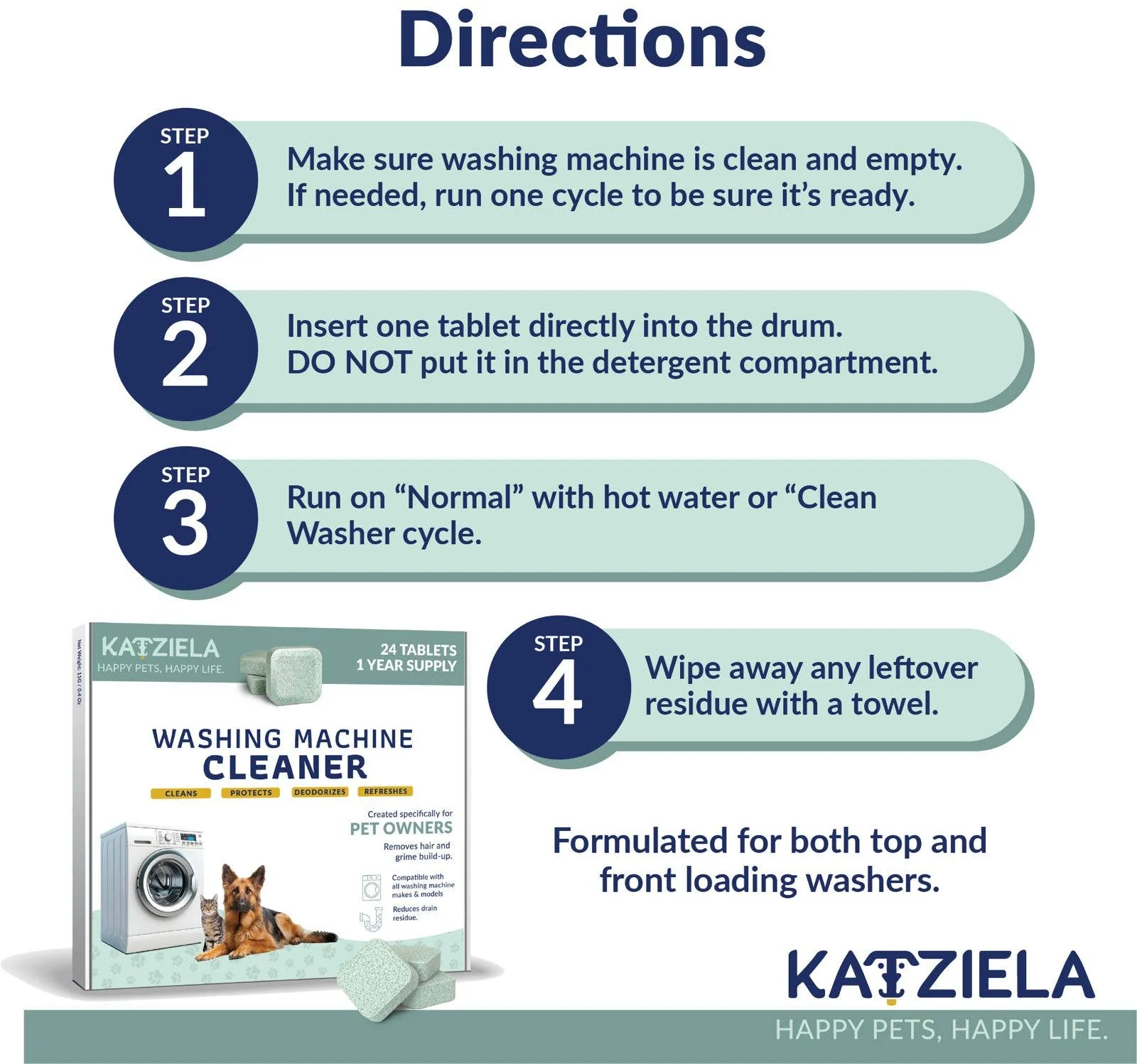 Katziela Washing Machine Cleaner Tablets – Plant-Based, Enzyme Formula for Pet Hair & Odor Removal – Fragrance-Free, Safe for All Washers - Image 4