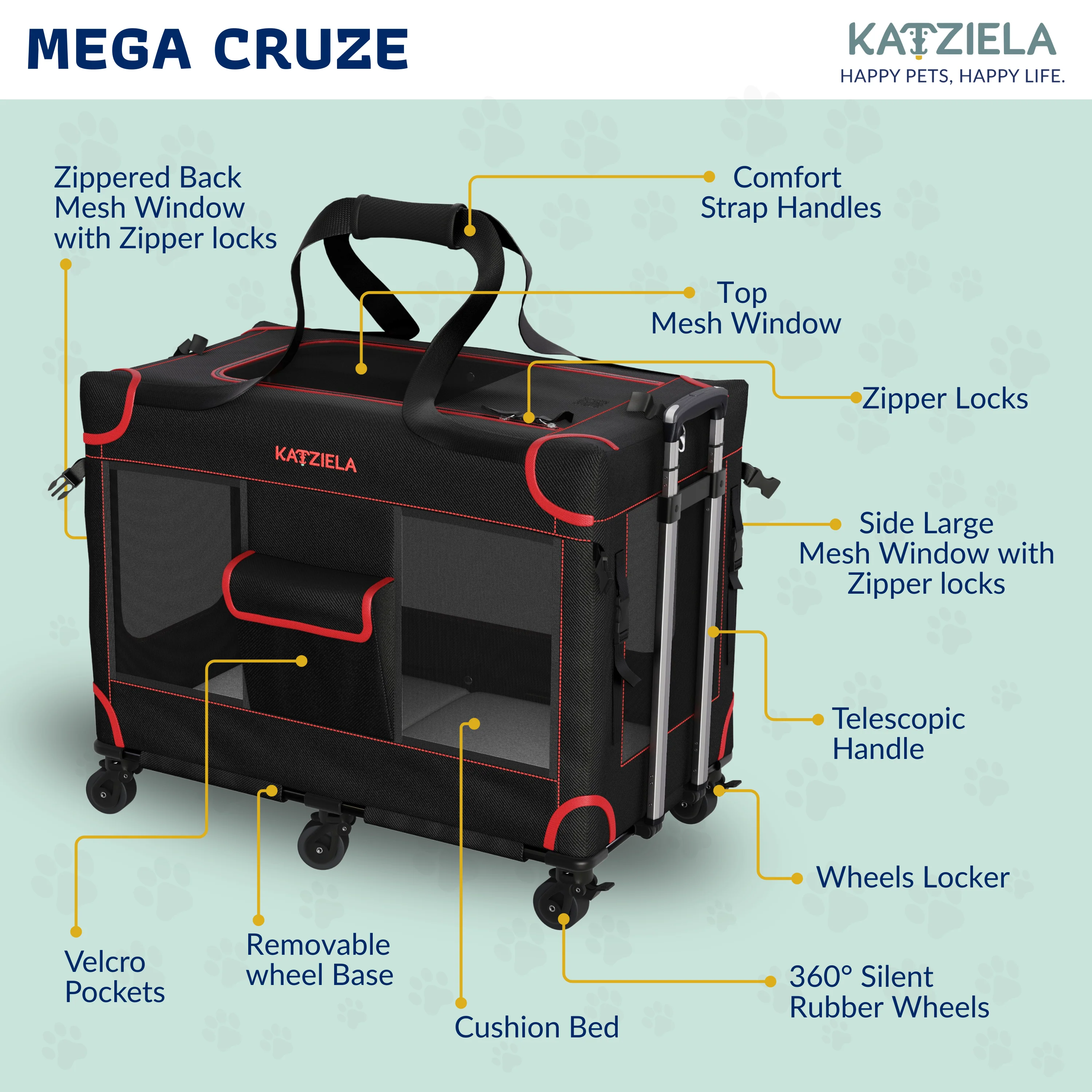 Katziela Mega Cruze Rolling Pet Carrier – Stress - Free Travel for Medium & Large Dogs 25”x17”x20” - Image 4