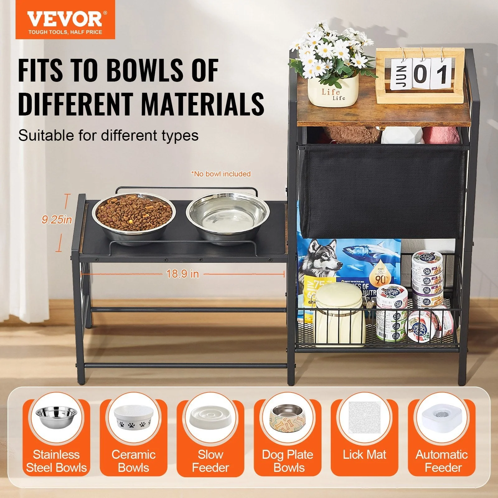 Pet Feeding Station with Storage for Dog Food and Toy Organizer - Raised Dog Bowls